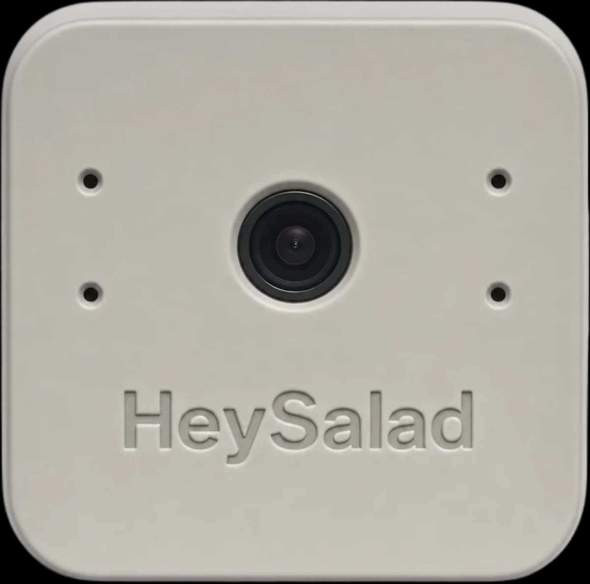 Front elevation of the HeySalad AI Camera, with the lens and one of the four front-face openings marked.