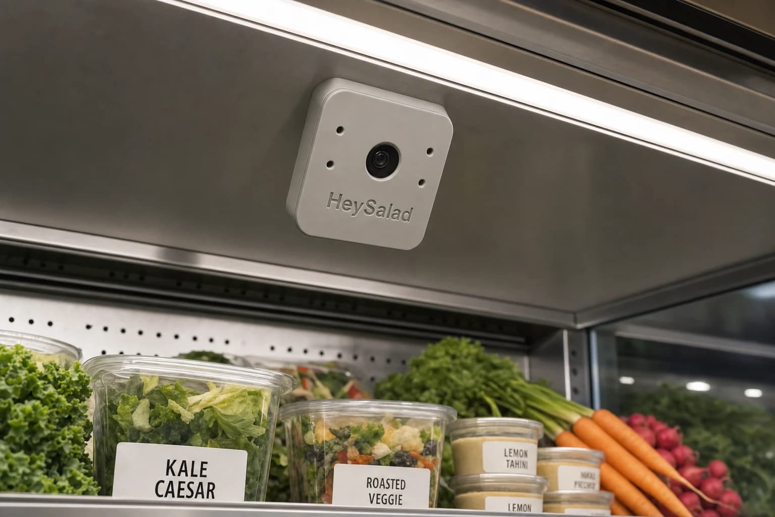 The camera mounted under a shelf inside a commercial deli fridge, angled down over stocked containers of salad and fresh produce.