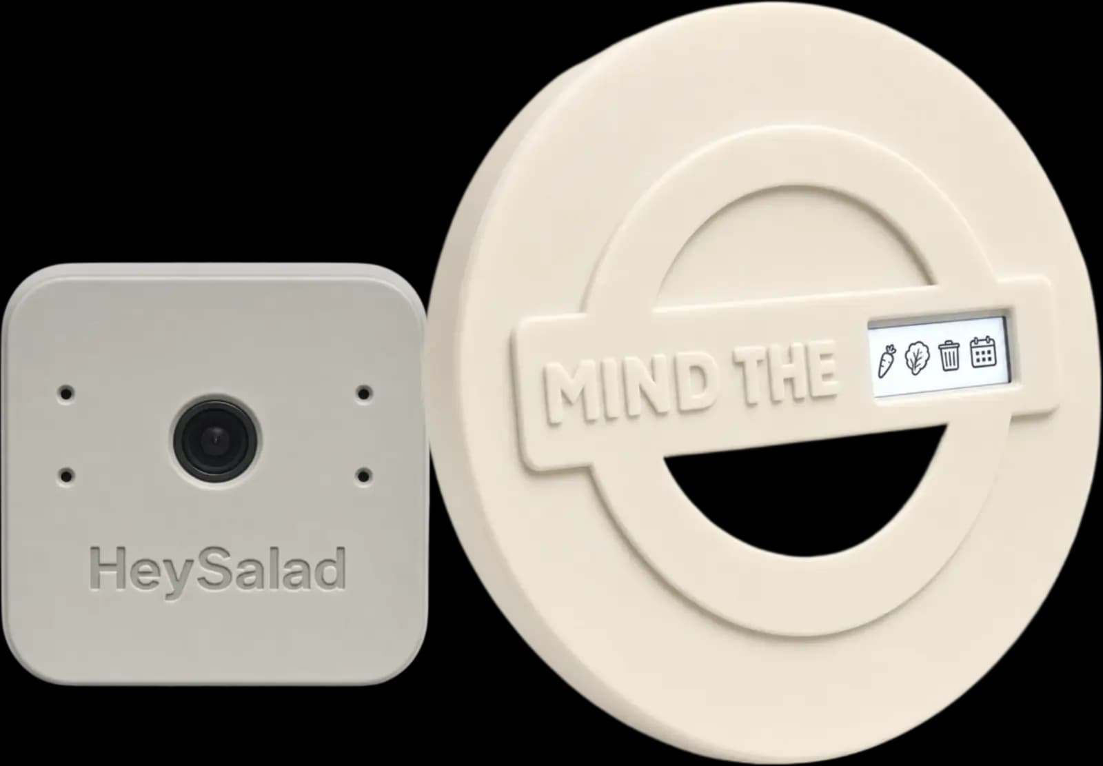 The two devices side by side at true relative scale: the smaller square HeySalad AI Camera on the left, and the larger circular Mind the Waste magnet on the right with reminder icons on its display.