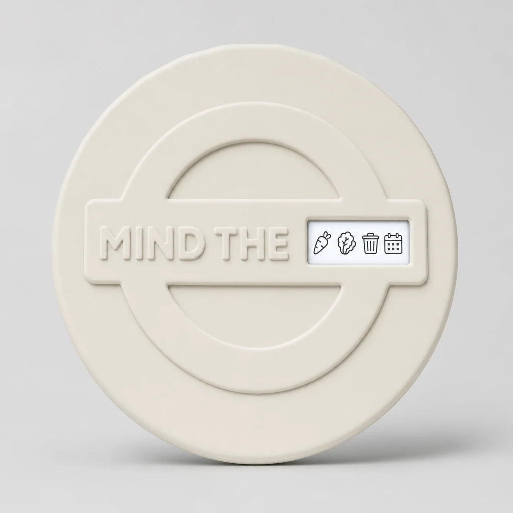 Front view of the Mind the Waste magnet: a cream roundel embossed MIND THE, with a white display showing carrot, lettuce, waste bin and calendar icons.