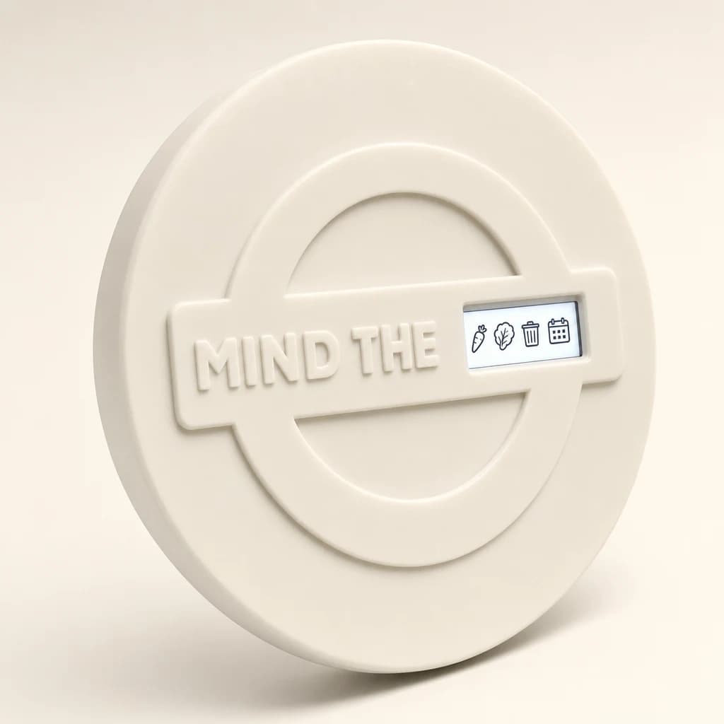 The Mind the Waste fridge magnet: a cream roundel embossed MIND THE, with a small white display showing carrot, lettuce, waste bin and calendar reminder icons.