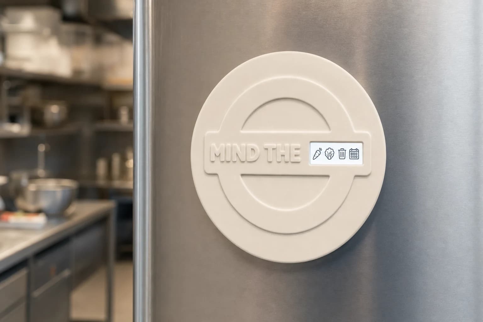 The Mind the Waste magnet held on the brushed steel door of a commercial fridge, with a professional kitchen out of focus behind it.