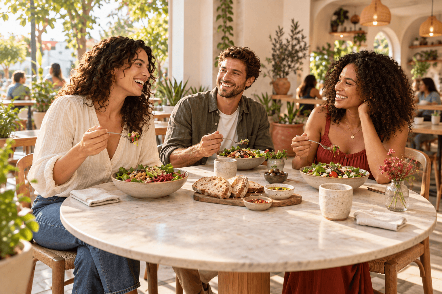 Three friends sharing lunch together in a sunny neighbourhood café